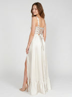 Ivory Satin A-Line Square Neck Criss-Cross Bridesmaid Dress - Curvevia
