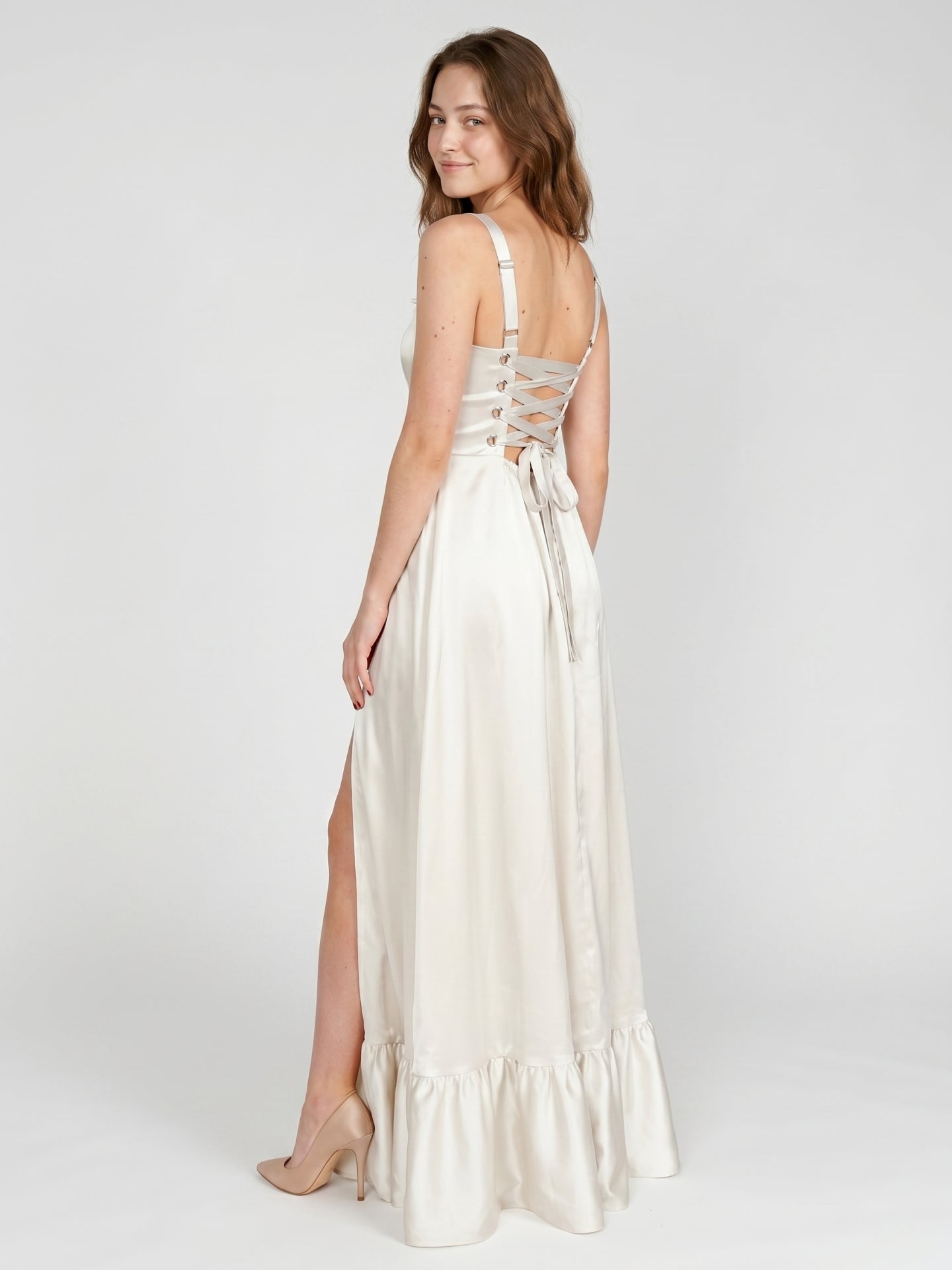 Ivory Satin A-Line Square Neck Criss-Cross Bridesmaid Dress - Curvevia