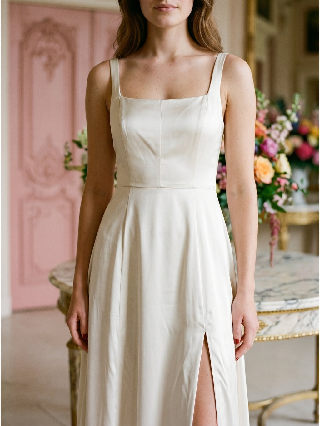 Ivory Satin A-Line Square Neck Criss-Cross Bridesmaid Dress - Curvevia