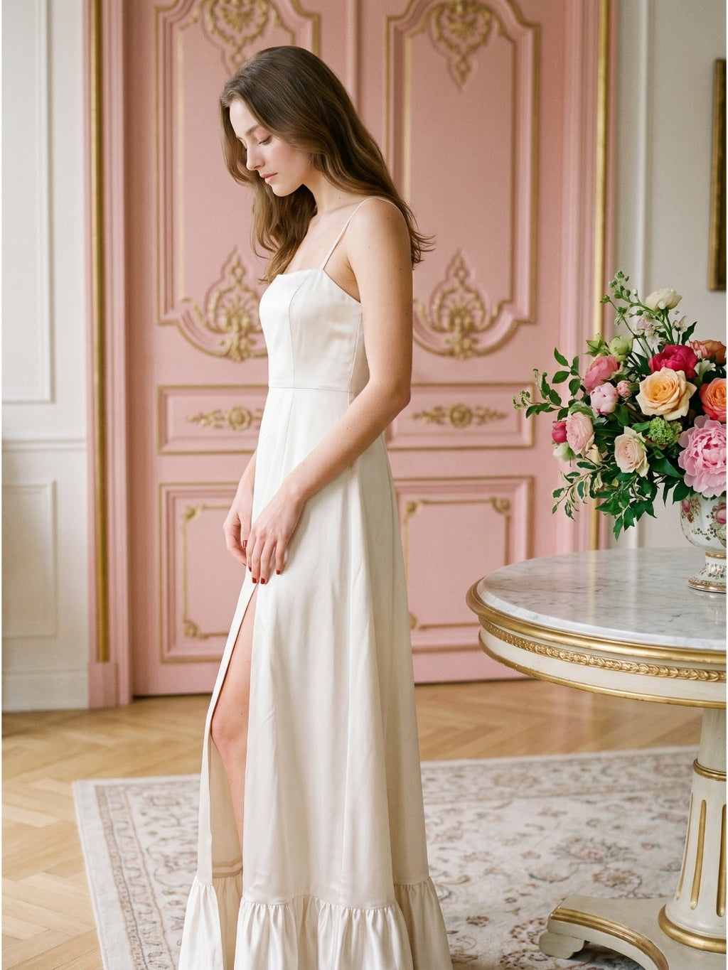 Ivory Satin A-Line Square Neck Criss-Cross Bridesmaid Dress - Curvevia