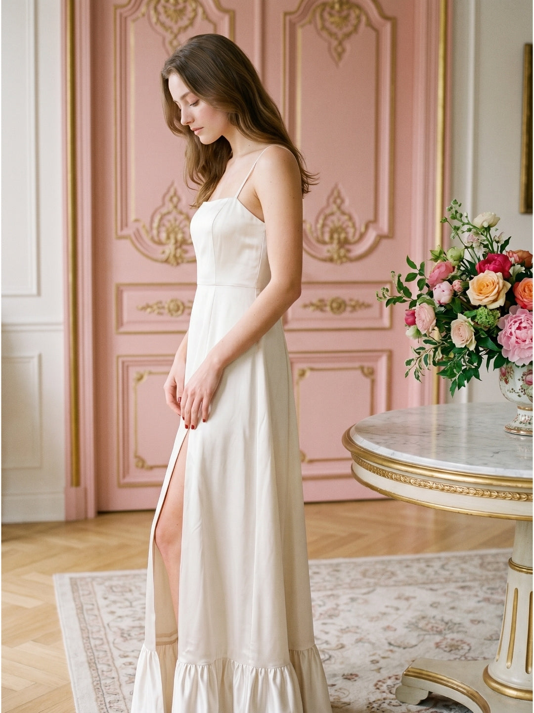 Ivory Satin A-Line Square Neck Criss-Cross Bridesmaid Dress - Curvevia