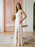 Ivory Satin A-Line Square Neck Criss-Cross Bridesmaid Dress - Curvevia