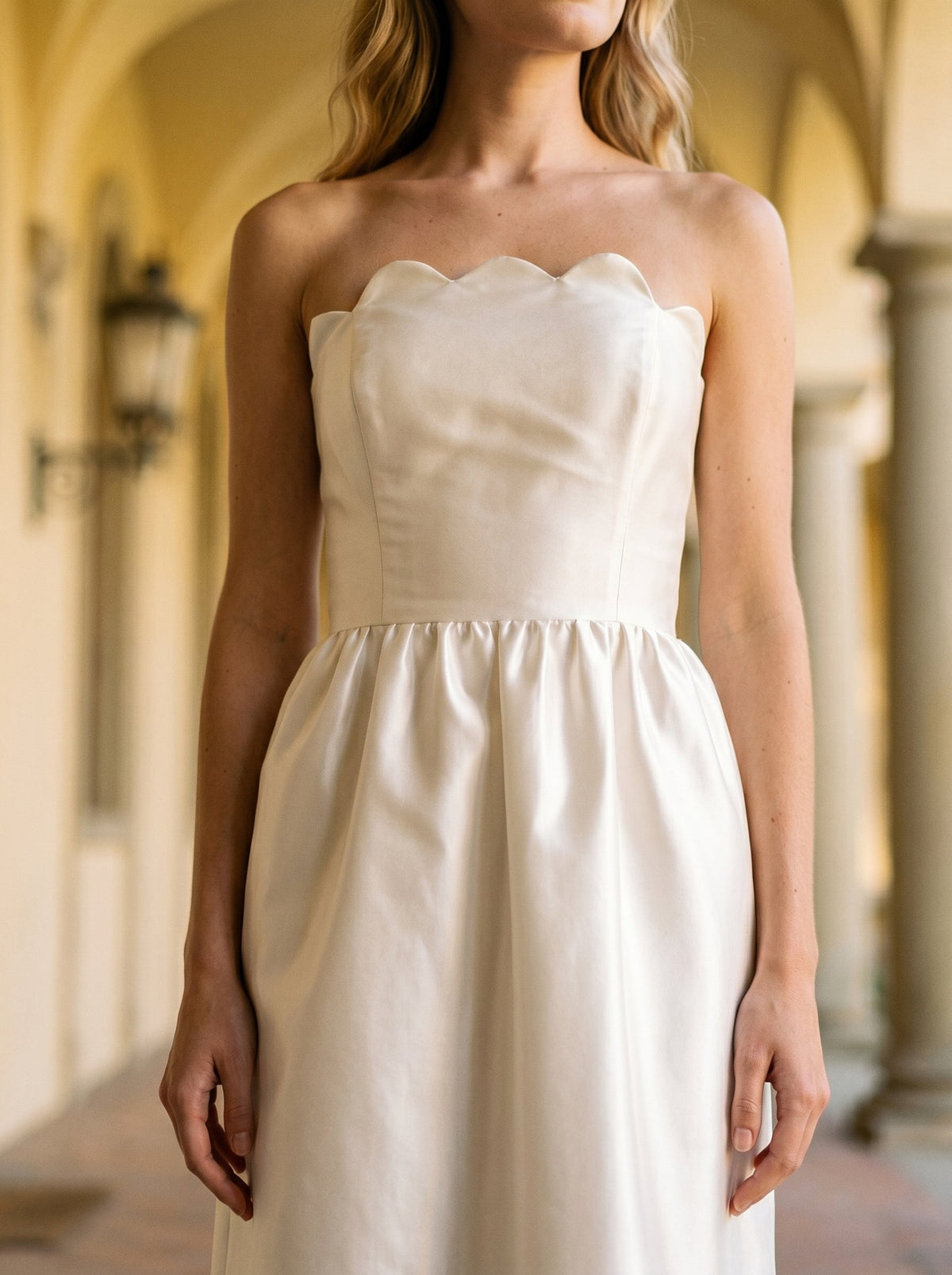 Ivory Satin A-Line Straight Neck Floor-Length Bridesmaid Dress - Curvevia