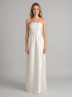 Ivory Satin A-Line Straight Neck Floor-Length Bridesmaid Dress - Curvevia