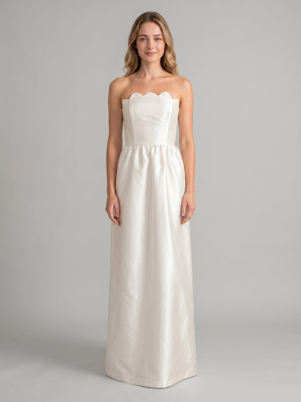 Ivory Satin A-Line Straight Neck Floor-Length Bridesmaid Dress - Curvevia