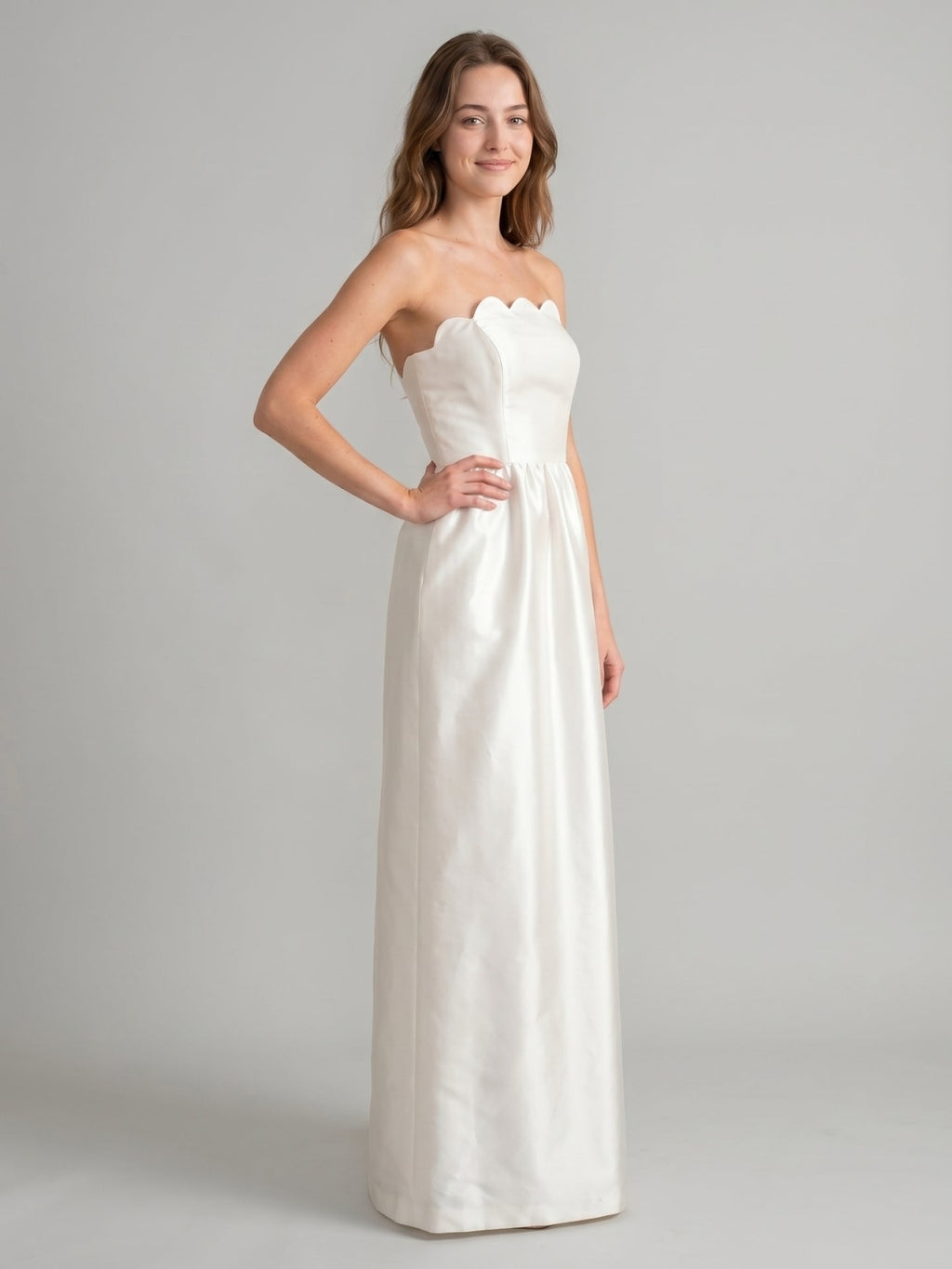 Ivory Satin A-Line Straight Neck Floor-Length Bridesmaid Dress - Curvevia