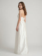 Ivory Satin A-Line Straight Neck Floor-Length Bridesmaid Dress - Curvevia
