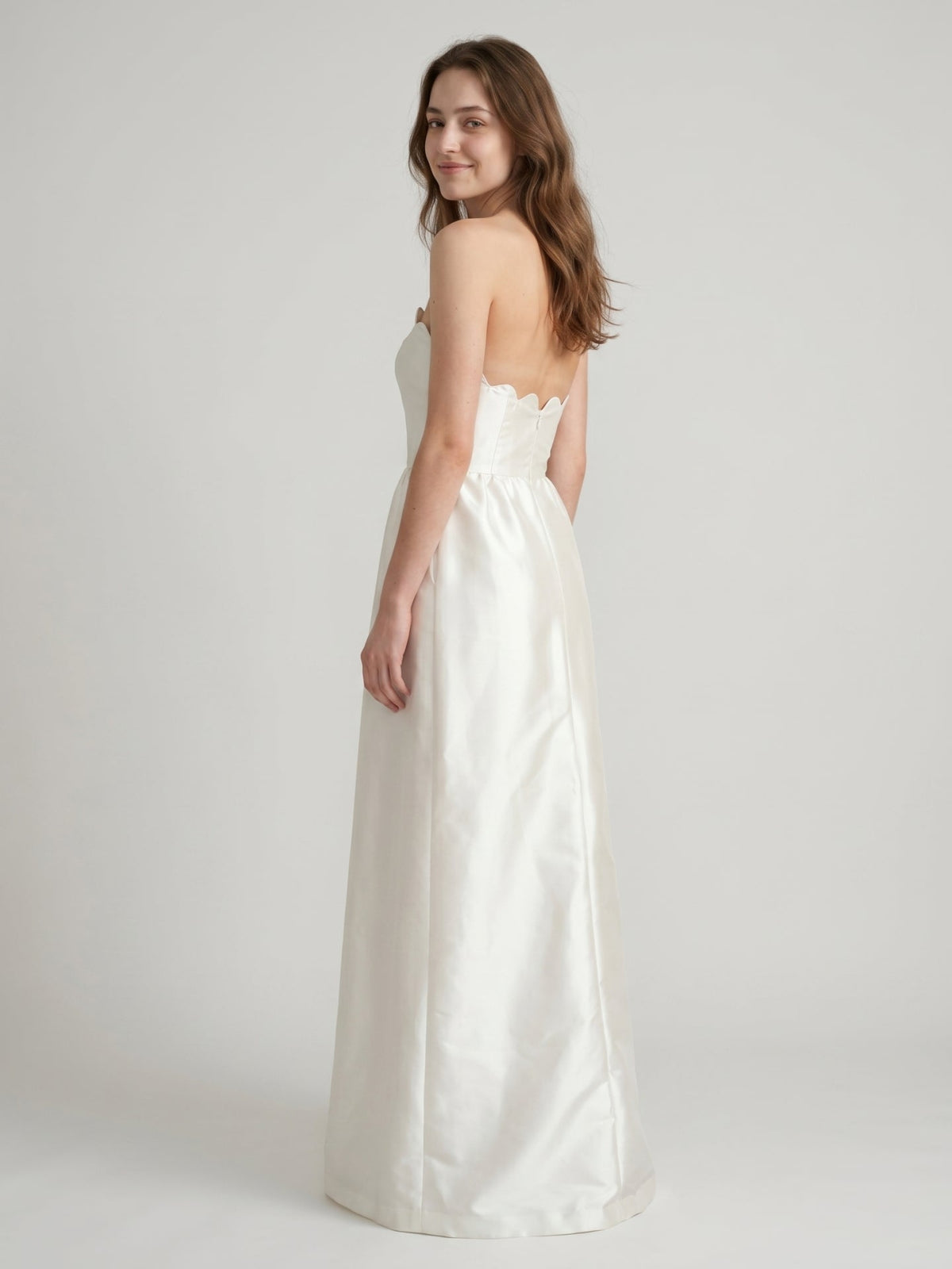 Ivory Satin A-Line Straight Neck Floor-Length Bridesmaid Dress - Curvevia