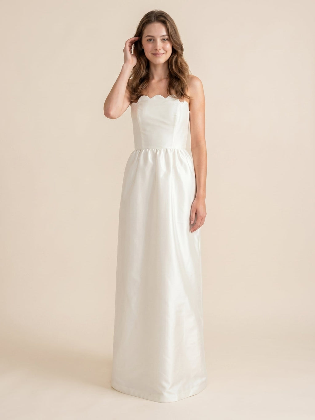 Ivory Satin A-Line Straight Neck Floor-Length Bridesmaid Dress - Curvevia
