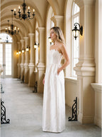 Ivory Satin A-Line Straight Neck Floor-Length Bridesmaid Dress - Curvevia