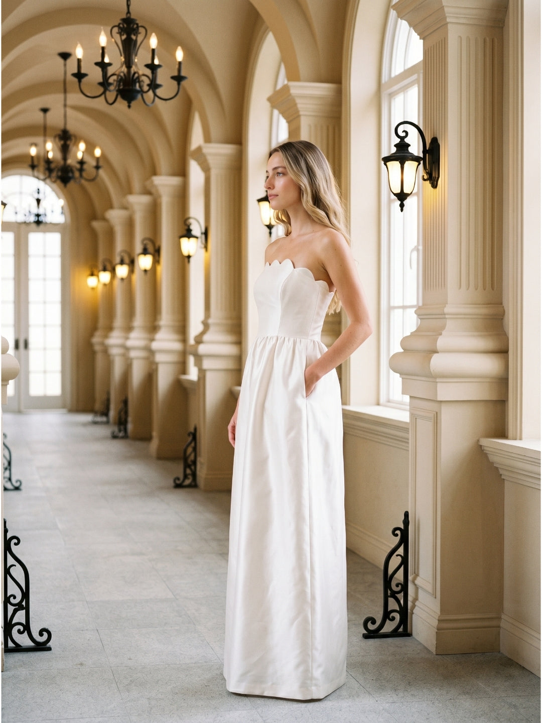 Ivory Satin A-Line Straight Neck Floor-Length Bridesmaid Dress - Curvevia