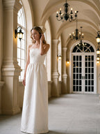 Ivory Satin A-Line Straight Neck Floor-Length Bridesmaid Dress - Curvevia