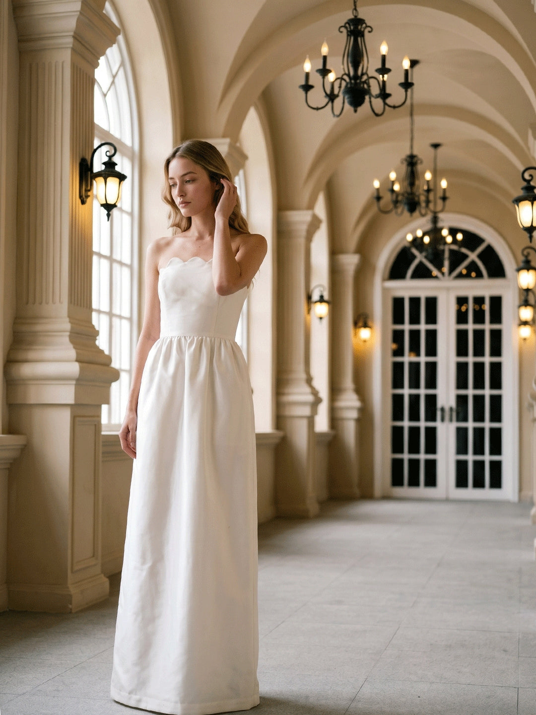Ivory Satin A-Line Straight Neck Floor-Length Bridesmaid Dress - Curvevia