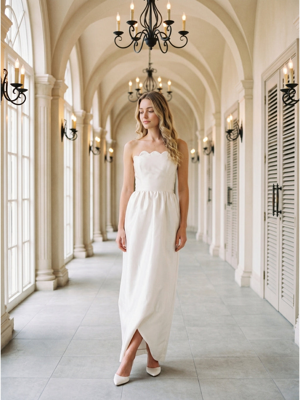 Ivory Satin A-Line Straight Neck Floor-Length Bridesmaid Dress - Curvevia