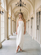 Ivory Satin A-Line Straight Neck Floor-Length Bridesmaid Dress - Curvevia