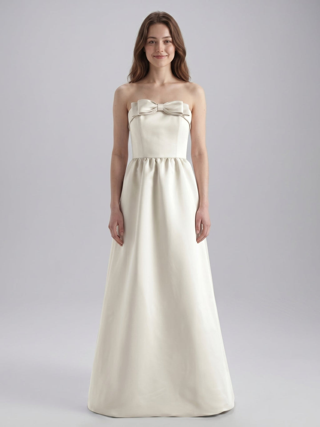 Ivory Satin A-Line Straight Neck Floor-Length Bridesmaid Dress with Bow - Curvevia