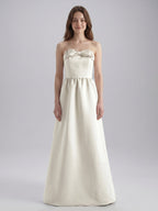 Ivory Satin A-Line Straight Neck Floor-Length Bridesmaid Dress with Bow - Curvevia