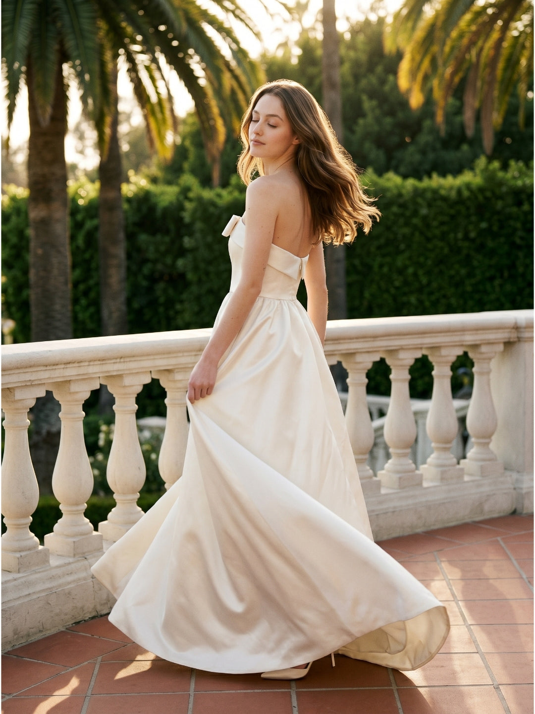 Ivory Satin A-Line Straight Neck Floor-Length Bridesmaid Dress with Bow - Curvevia