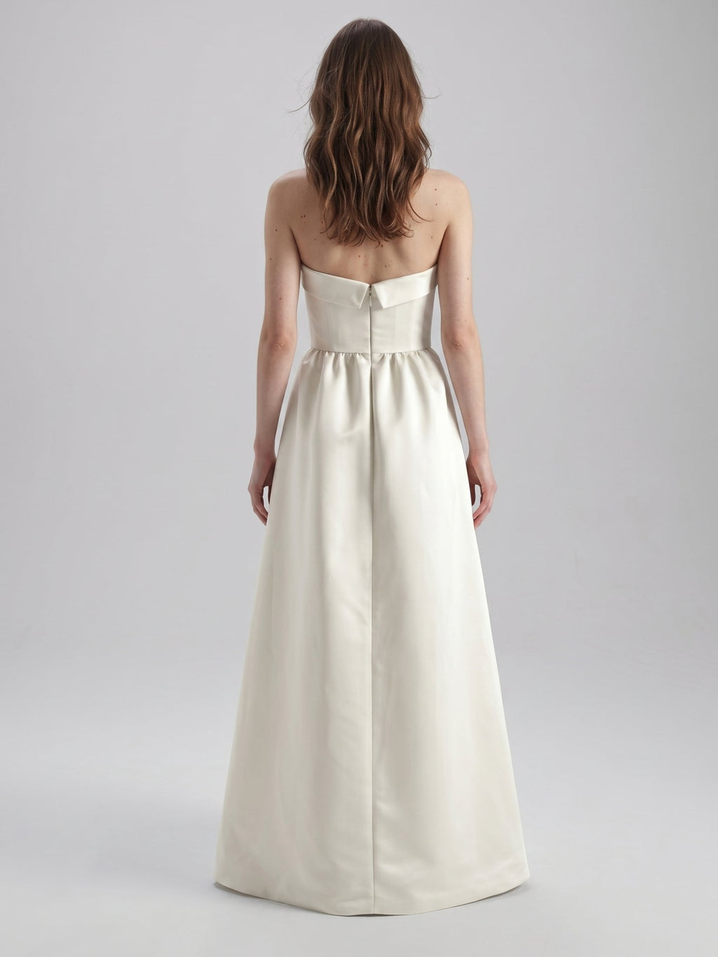 Ivory Satin A-Line Straight Neck Floor-Length Bridesmaid Dress with Bow - Curvevia
