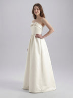 Ivory Satin A-Line Straight Neck Floor-Length Bridesmaid Dress with Bow - Curvevia