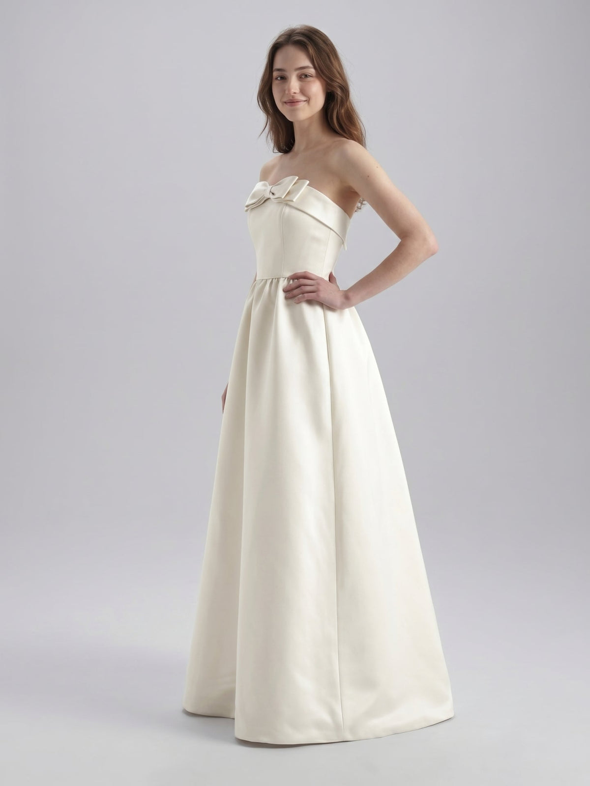Ivory Satin A-Line Straight Neck Floor-Length Bridesmaid Dress with Bow - Curvevia