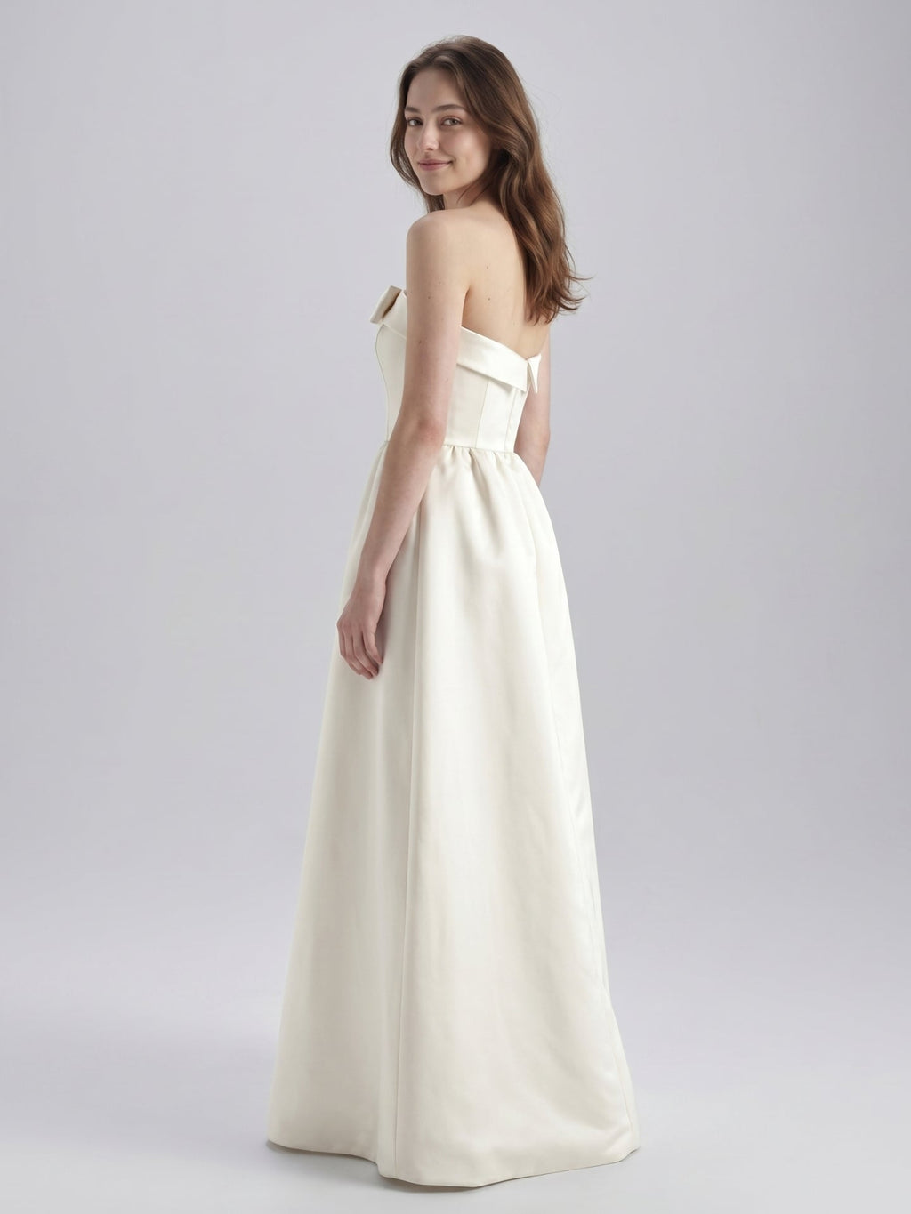 Ivory Satin A-Line Straight Neck Floor-Length Bridesmaid Dress with Bow - Curvevia