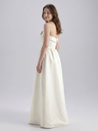 Ivory Satin A-Line Straight Neck Floor-Length Bridesmaid Dress with Bow - Curvevia