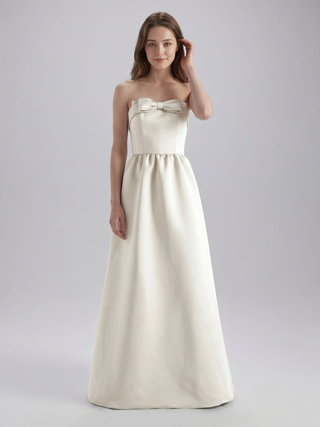 Ivory Satin A-Line Straight Neck Floor-Length Bridesmaid Dress with Bow - Curvevia