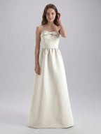 Ivory Satin A-Line Straight Neck Floor-Length Bridesmaid Dress with Bow - Curvevia