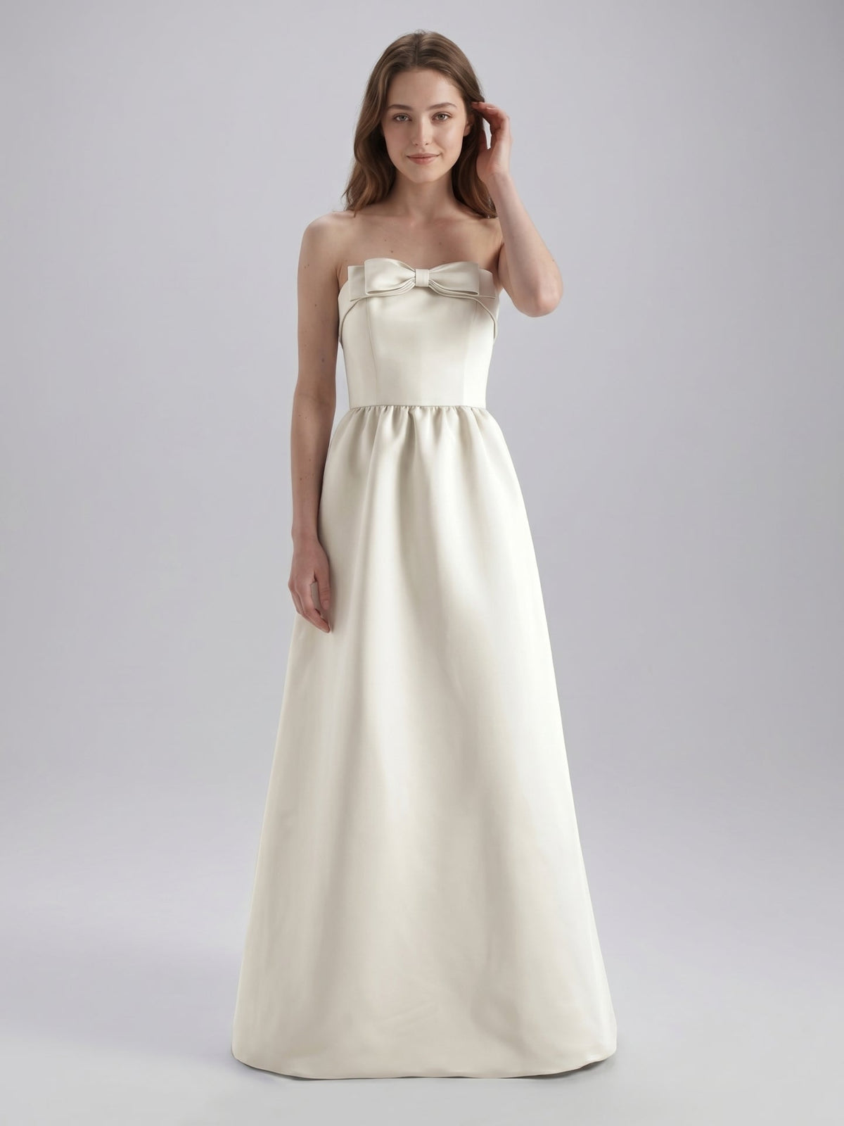 Ivory Satin A-Line Straight Neck Floor-Length Bridesmaid Dress with Bow - Curvevia