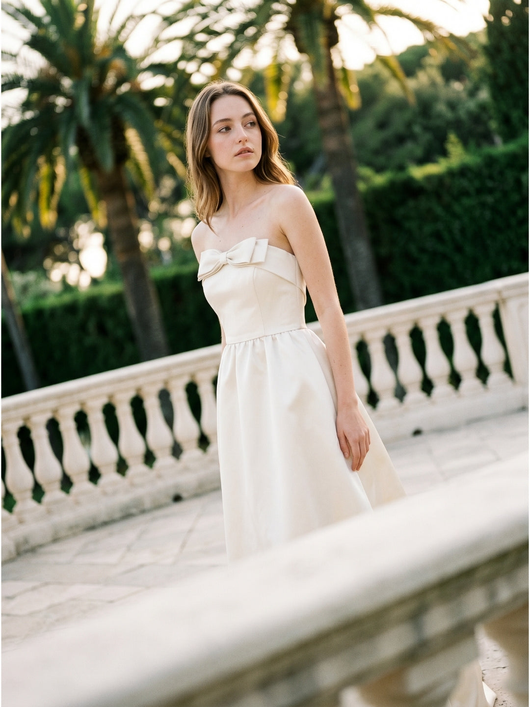 Ivory Satin A-Line Straight Neck Floor-Length Bridesmaid Dress with Bow - Curvevia