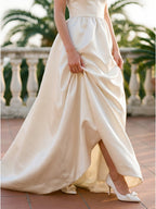 Ivory Satin A-Line Straight Neck Floor-Length Bridesmaid Dress with Bow - Curvevia
