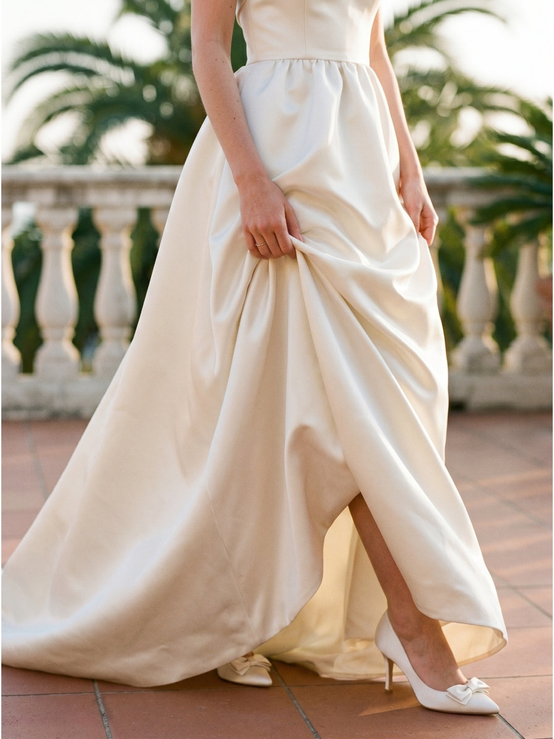 Ivory Satin A-Line Straight Neck Floor-Length Bridesmaid Dress with Bow - Curvevia
