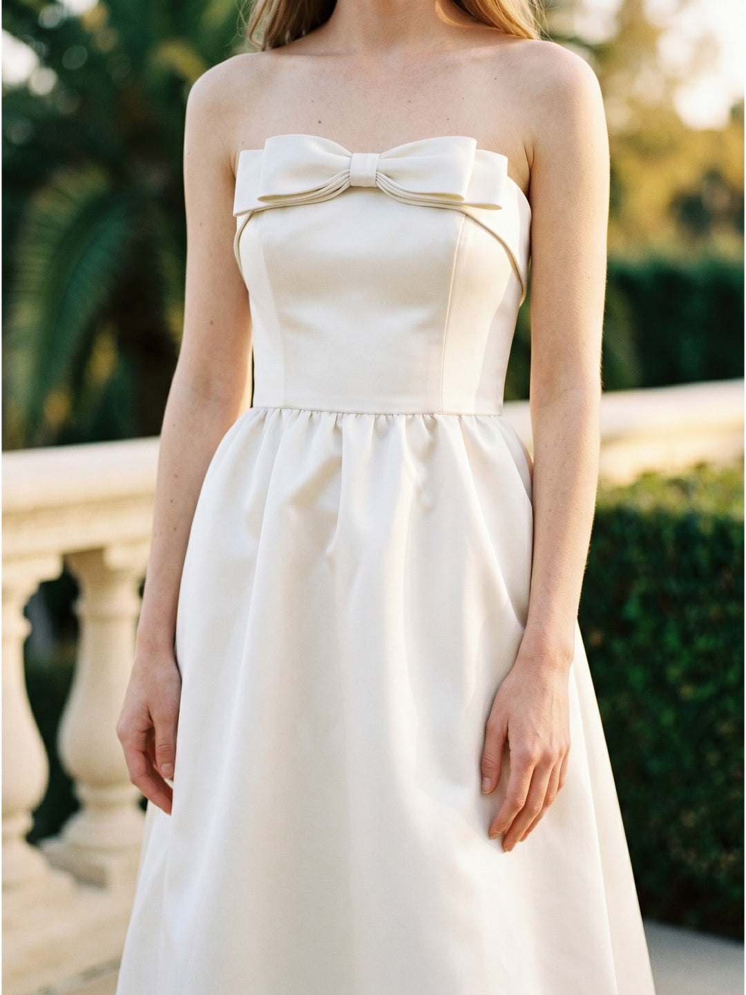 Ivory Satin A-Line Straight Neck Floor-Length Bridesmaid Dress with Bow - Curvevia