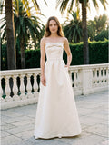 Ivory Satin A-Line Straight Neck Floor-Length Bridesmaid Dress with Bow - Curvevia