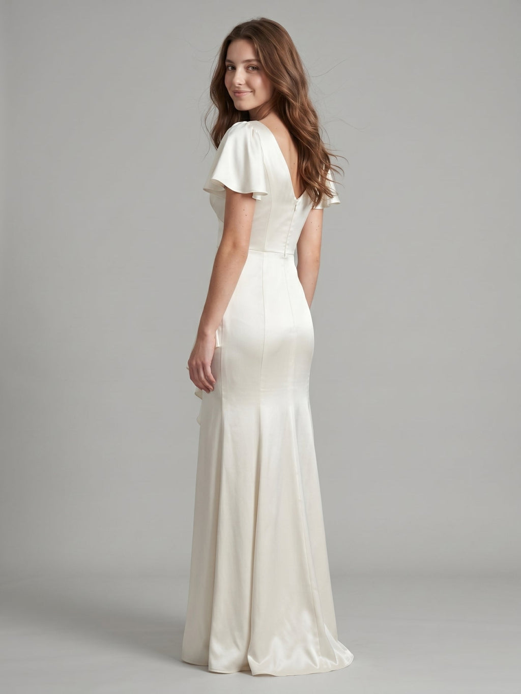 Ivory Satin A-Line V-Neck Back Zip Asymmetrical Ruffle Bridesmaid Dress - Curvevia