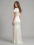 Ivory Satin A-Line V-Neck Back Zip Asymmetrical Ruffle Bridesmaid Dress - Curvevia