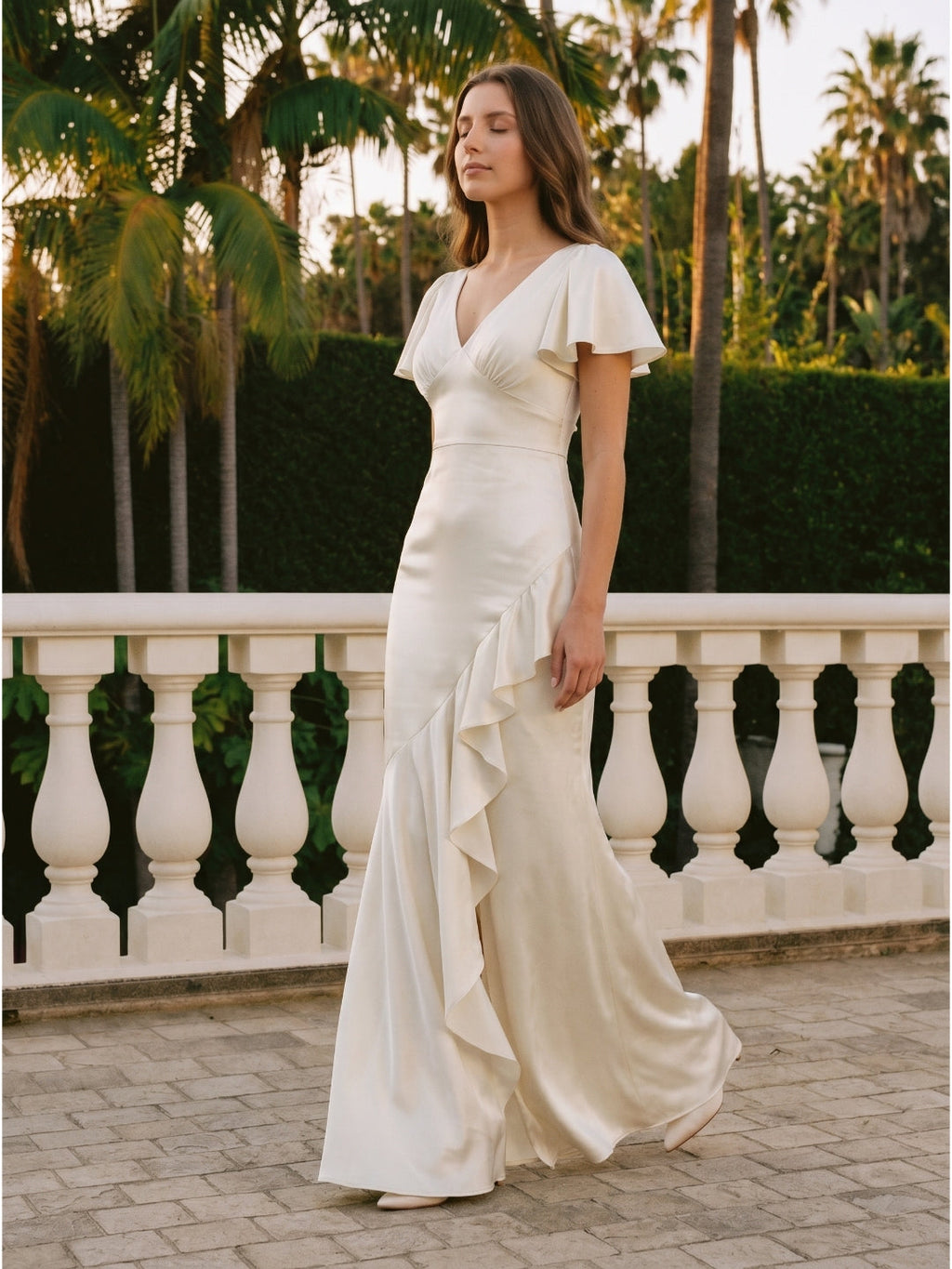 Ivory Satin A-Line V-Neck Back Zip Asymmetrical Ruffle Bridesmaid Dress - Curvevia