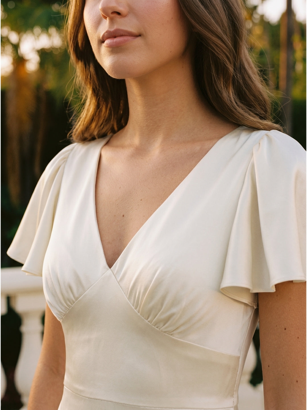 Ivory Satin A-Line V-Neck Back Zip Asymmetrical Ruffle Bridesmaid Dress - Curvevia