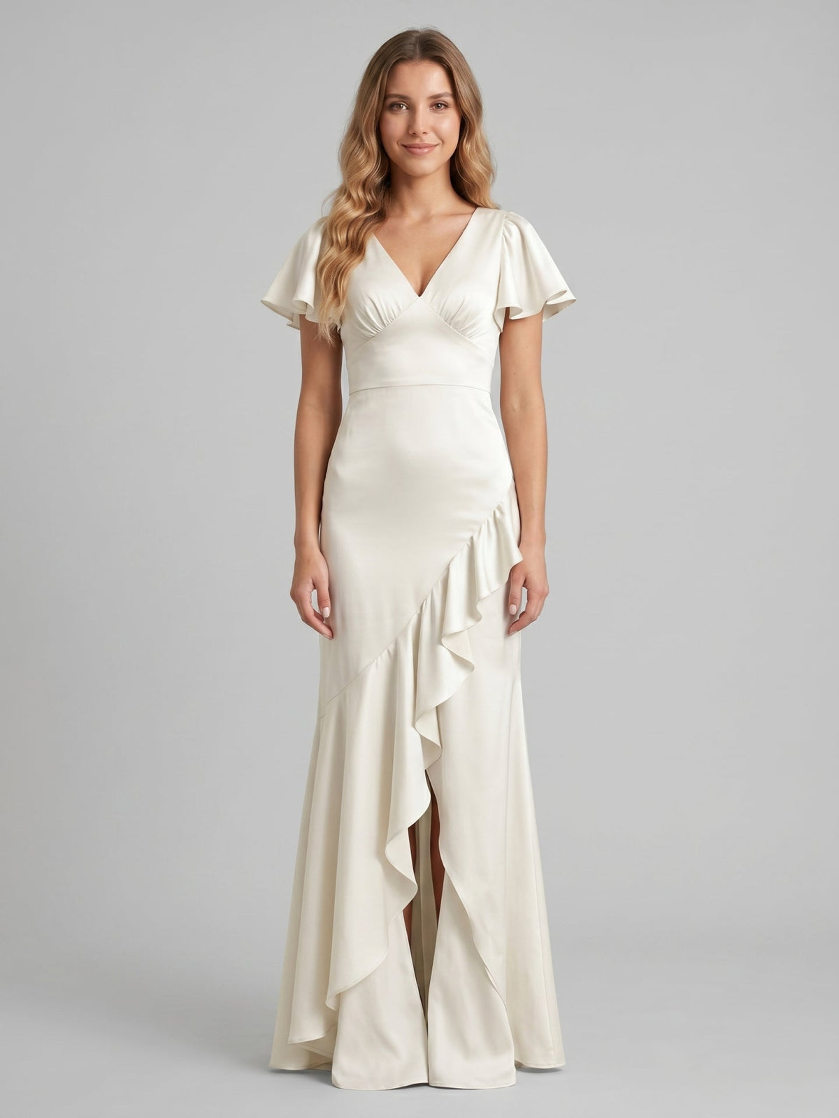 Ivory Satin A-Line V-Neck Back Zip Asymmetrical Ruffle Bridesmaid Dress - Curvevia
