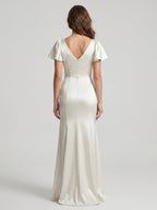 Ivory Satin A-Line V-Neck Back Zip Asymmetrical Ruffle Bridesmaid Dress - Curvevia