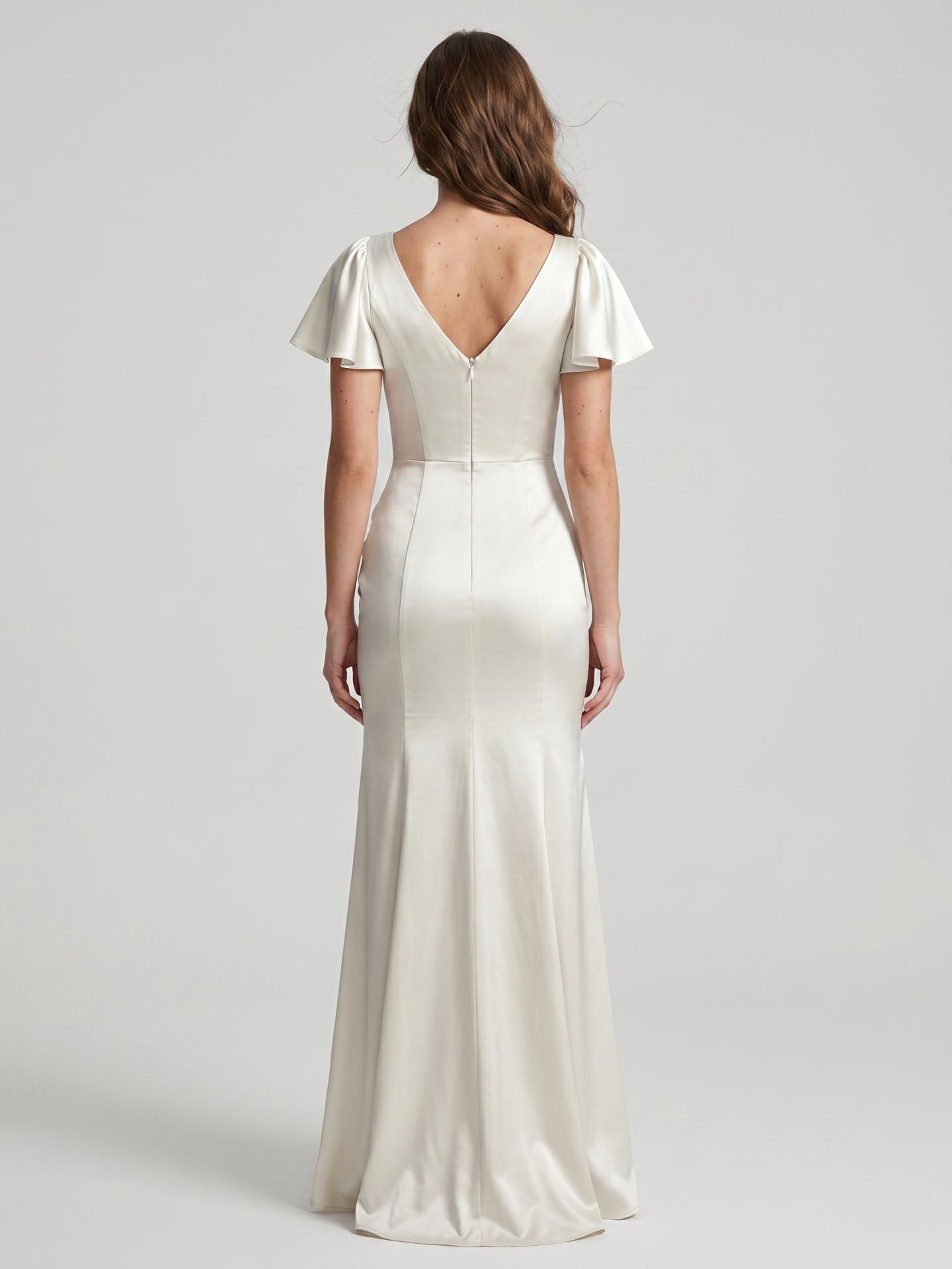 Ivory Satin A-Line V-Neck Back Zip Asymmetrical Ruffle Bridesmaid Dress - Curvevia