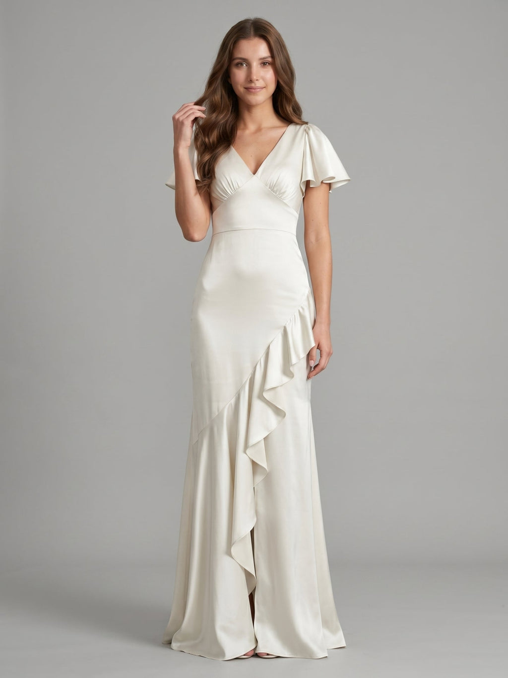 Ivory Satin A-Line V-Neck Back Zip Asymmetrical Ruffle Bridesmaid Dress - Curvevia