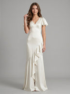 Ivory Satin A-Line V-Neck Back Zip Asymmetrical Ruffle Bridesmaid Dress - Curvevia