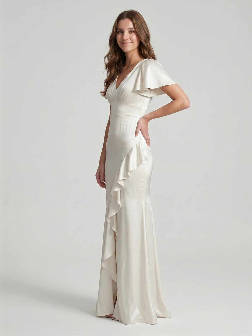 Ivory Satin A-Line V-Neck Back Zip Asymmetrical Ruffle Bridesmaid Dress - Curvevia