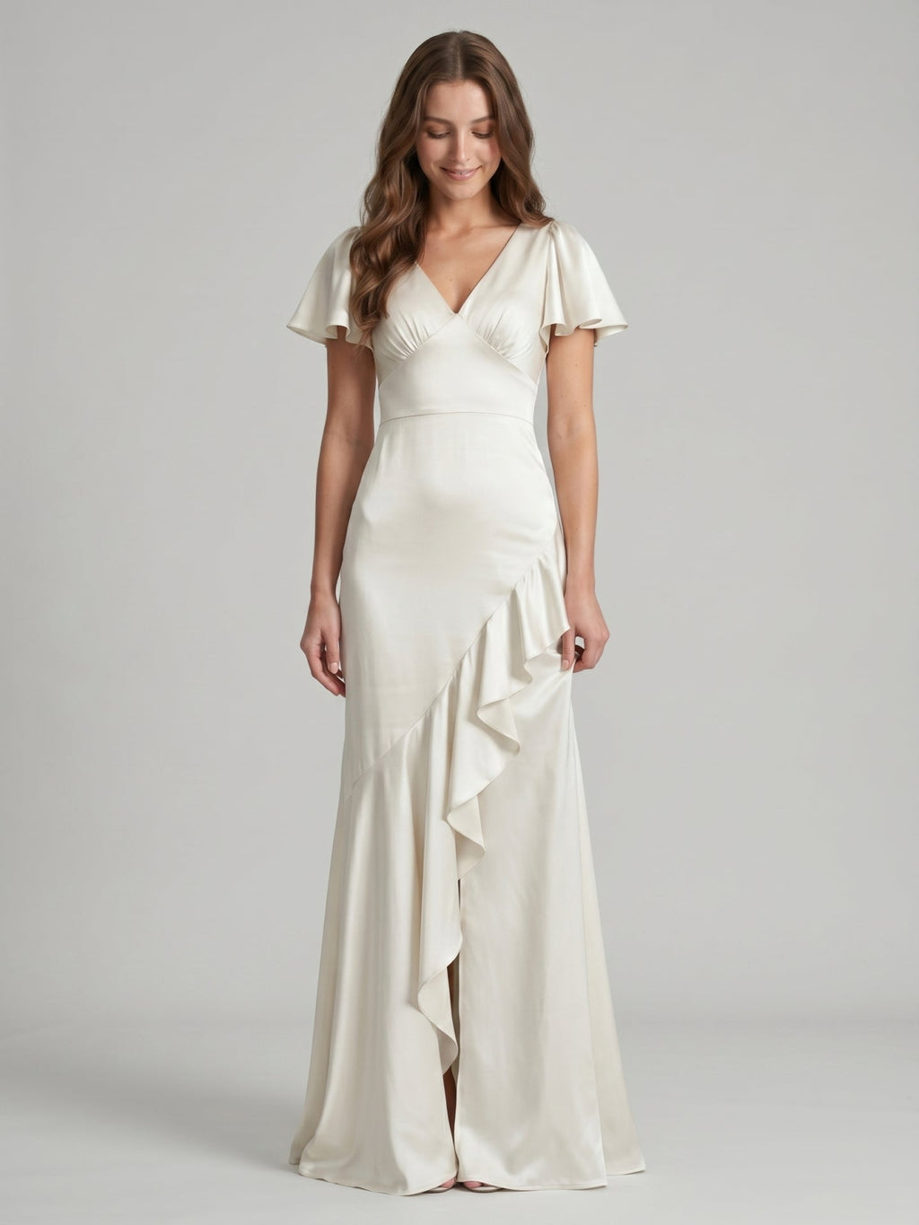 Ivory Satin A-Line V-Neck Back Zip Asymmetrical Ruffle Bridesmaid Dress - Curvevia