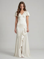 Ivory Satin A-Line V-Neck Back Zip Asymmetrical Ruffle Bridesmaid Dress - Curvevia