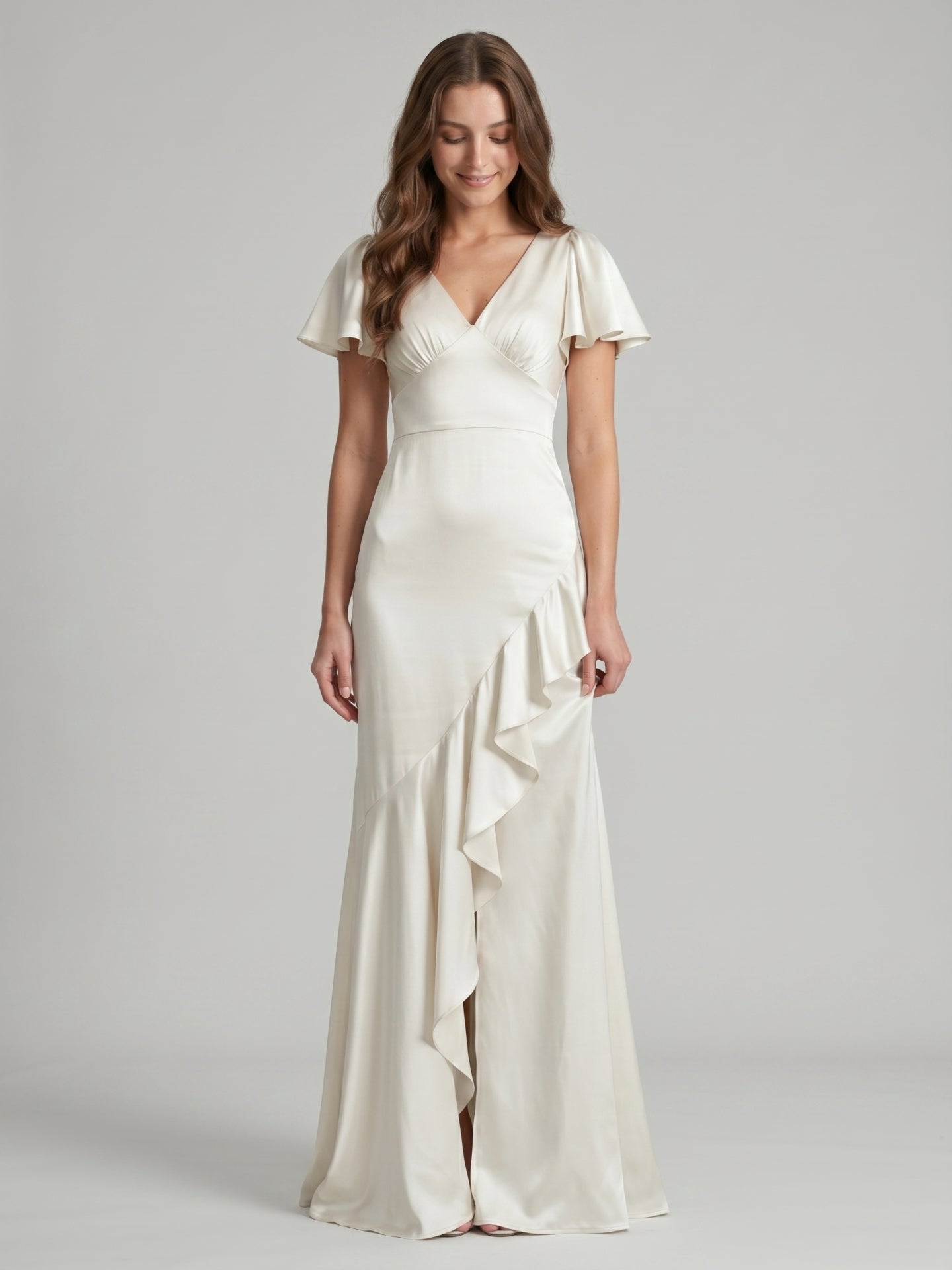 Ivory Satin A-Line V-Neck Back Zip Asymmetrical Ruffle Bridesmaid Dress - Curvevia