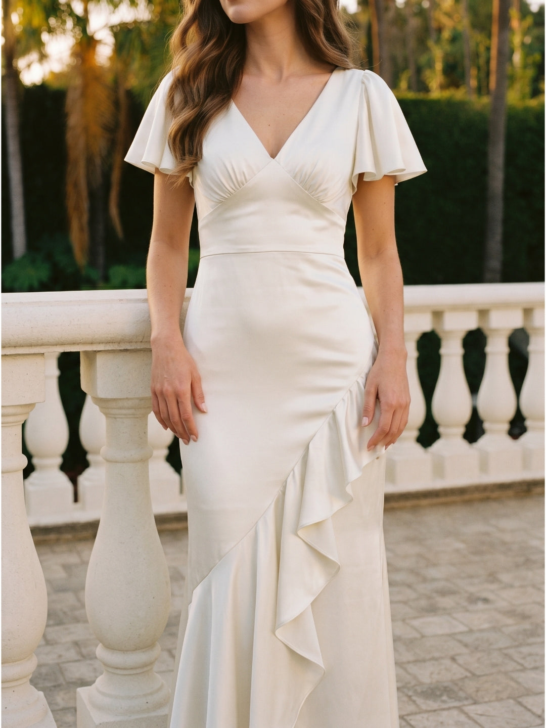 Ivory Satin A-Line V-Neck Back Zip Asymmetrical Ruffle Bridesmaid Dress - Curvevia