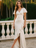 Ivory Satin A-Line V-Neck Back Zip Asymmetrical Ruffle Bridesmaid Dress - Curvevia